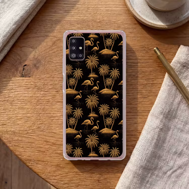 Flamingo - Palmbomen - Tropisch - Goud - Zwart Telefoonhoesje Samsung Galaxy A51 5G klein 373 -sfeer1