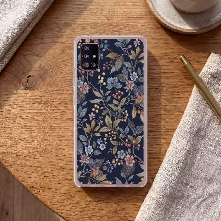 Bloemen - Bladeren - Patroon - Botanisch - Donkerblauw Telefoonhoesje Samsung Galaxy A51 5G klein -sfeer1