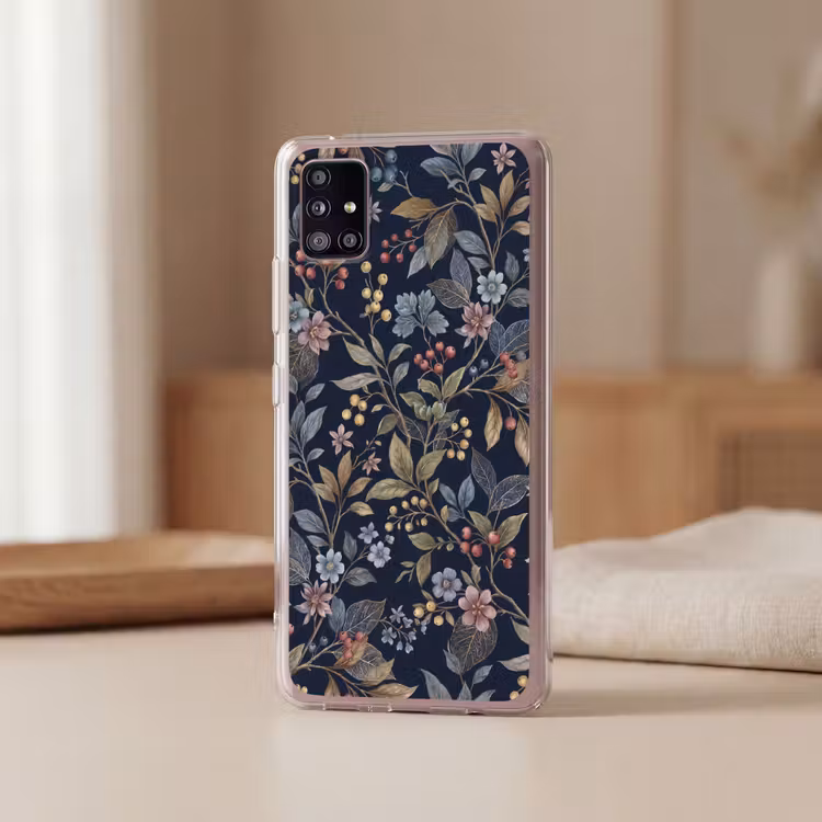 Bloemen - Bladeren - Patroon - Botanisch - Donkerblauw Telefoonhoesje Samsung Galaxy A51 5G klein -sfeer2