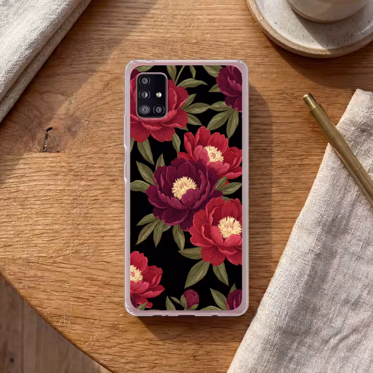 Bloemen - Patroon - Botanisch - Rood - Zwart Telefoonhoesje Samsung Galaxy A51 5G klein -sfeer1