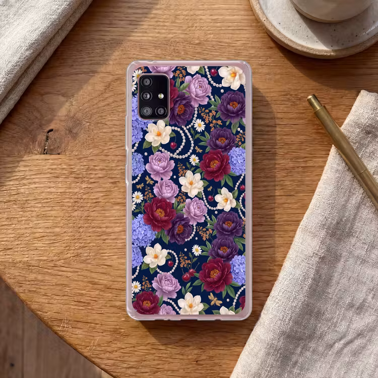Bloemen - Parels - Decoratie - Modern - Blauw Telefoonhoesje Samsung Galaxy A51 5G klein -sfeer1