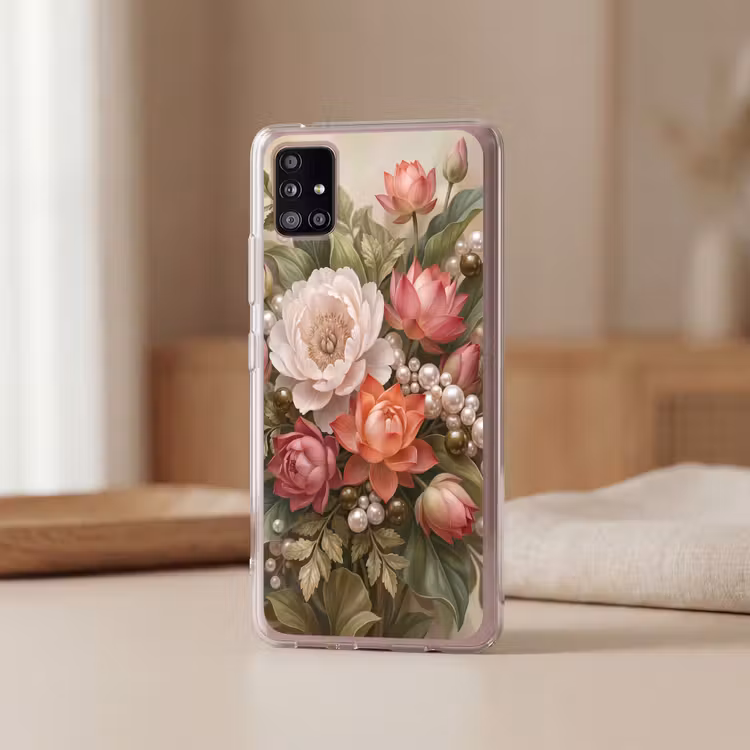 Bloemen - Parels - Elegant - Roze - Wit Telefoonhoesje Samsung Galaxy A51 5G klein -sfeer2