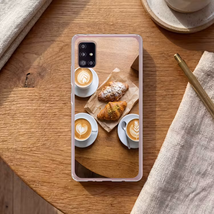 Eten - Croissant - Koffie - Ontbijt - Modern Telefoonhoesje Samsung Galaxy A51 5G klein -sfeer1