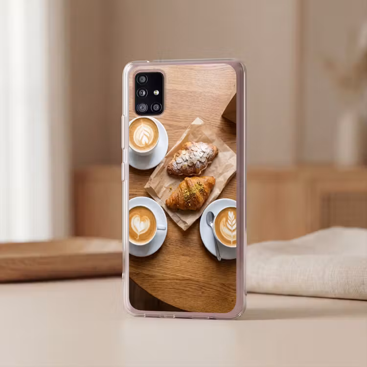Eten - Croissant - Koffie - Ontbijt - Modern Telefoonhoesje Samsung Galaxy A51 5G klein -sfeer2