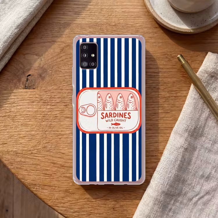Eten - Vis - Blik - Illustratie - Rood Telefoonhoesje Samsung Galaxy A51 5G klein -sfeer1