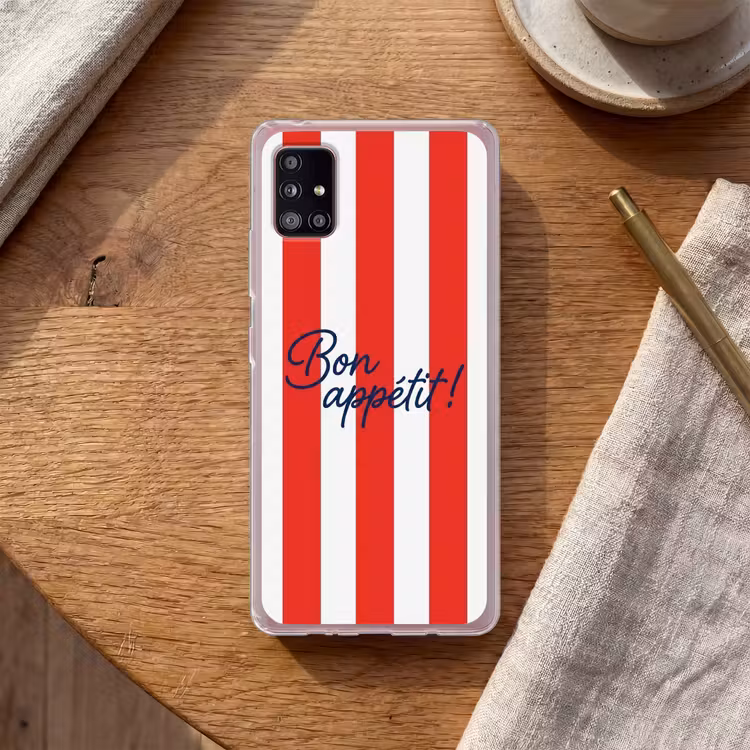 Eten - Spreuk - Keuken - Grafisch - Rood-Wit Telefoonhoesje Samsung Galaxy A51 5G klein -sfeer1