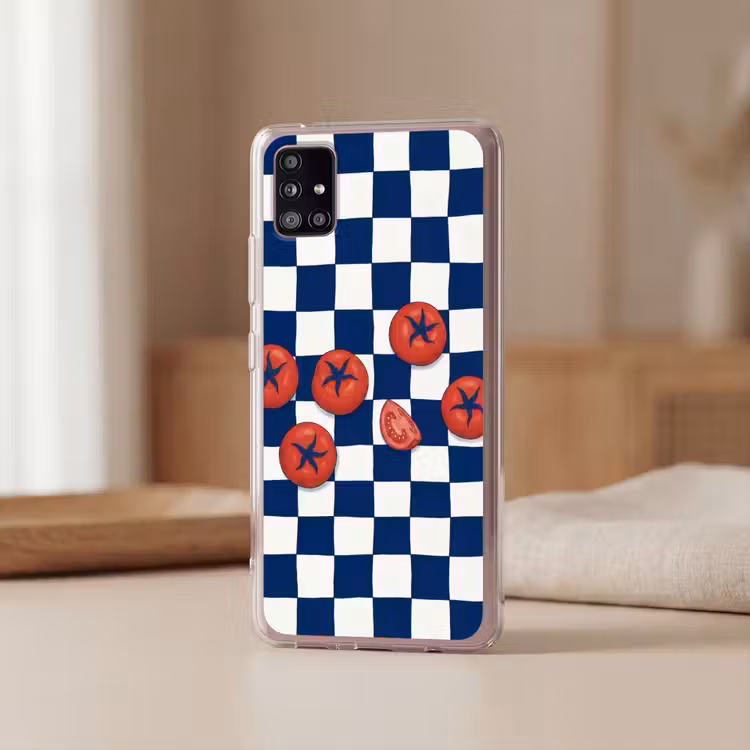 Eten - Tomaten - Keuken - Illustratie - Rood-Blauw Telefoonhoesje Samsung Galaxy A51 5G klein -sfeer2