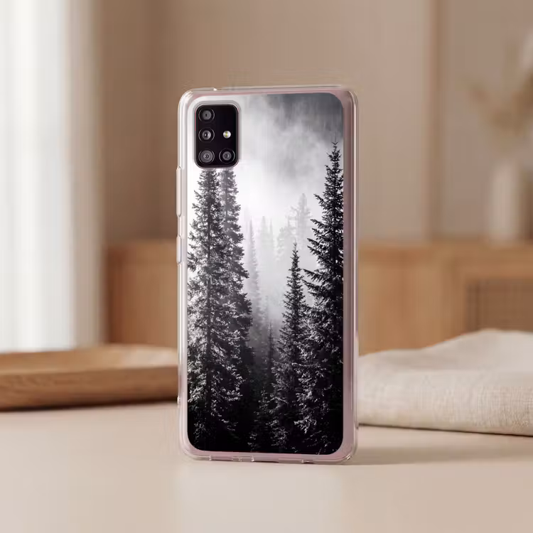 Bos - Mist - Winter - Monochroom - Natuur Telefoonhoesje Samsung Galaxy A51 5G klein -sfeer2