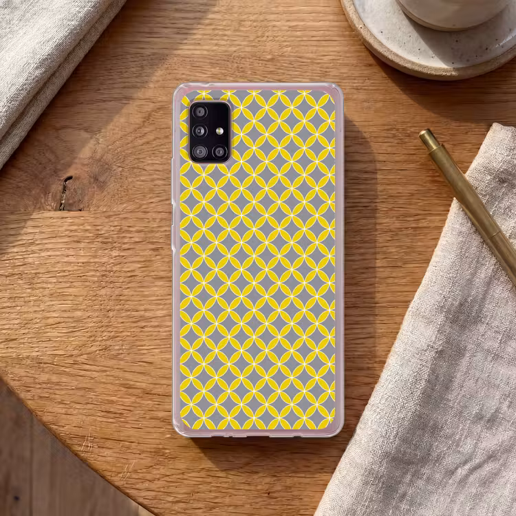 Geometrisch - Cirkels - Modern - Grijs - Geel Telefoonhoesje Samsung Galaxy A51 5G klein 373 -sfeer1
