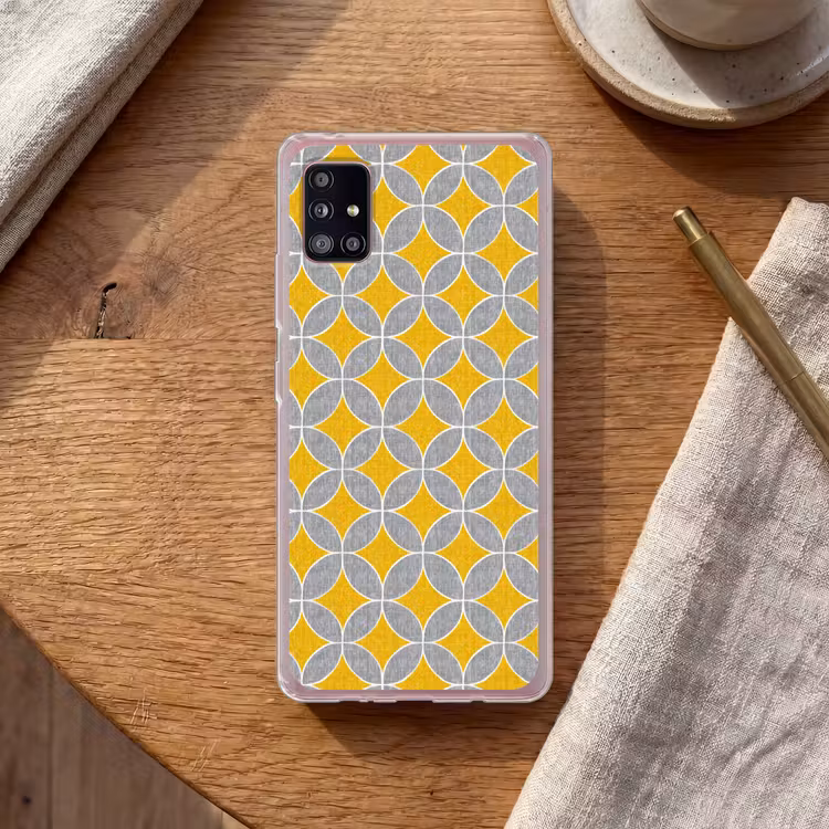 Geometrisch - Cirkels - Textuur - Grijs - Geel Telefoonhoesje Samsung Galaxy A51 5G klein 373 -sfeer1