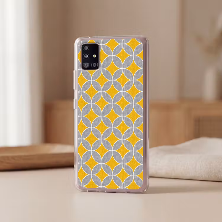 Geometrisch - Cirkels - Textuur - Grijs - Geel Telefoonhoesje Samsung Galaxy A51 5G klein 373 -sfeer2