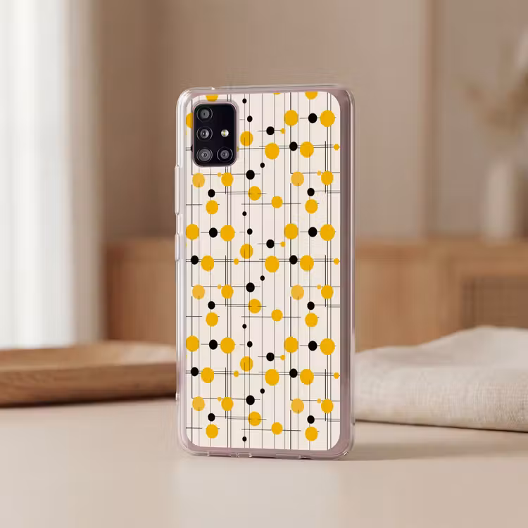 Geometrisch - Retro - Lijnen - Okergeel - Zwart Telefoonhoesje Samsung Galaxy A51 5G klein 373 -sfeer2