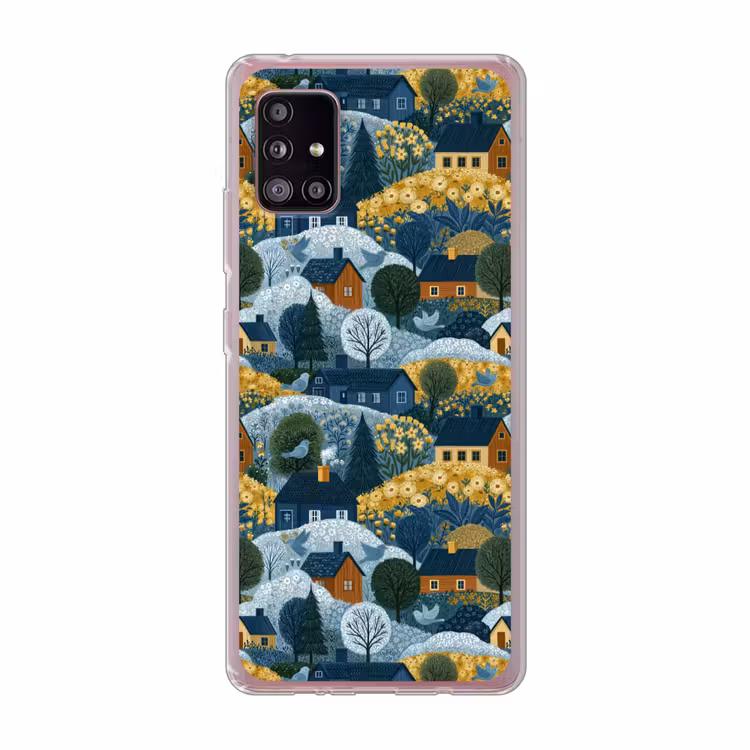 Huisjes - Bloemen - Patroon - Geel - Blauw Telefoonhoesje Samsung Galaxy A51 5G klein 373 -3d