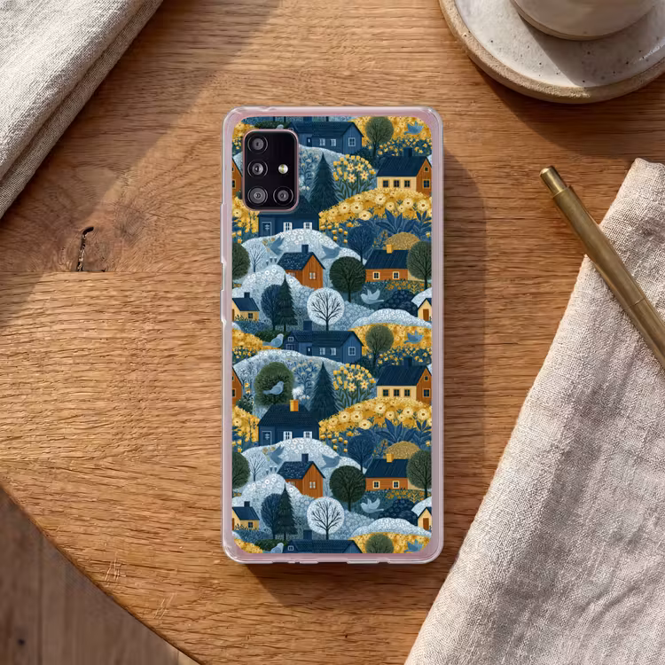 Huisjes - Bloemen - Patroon - Geel - Blauw Telefoonhoesje Samsung Galaxy A51 5G klein 373 -sfeer1