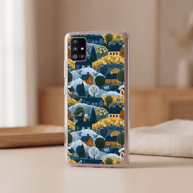 Huisjes - Bloemen - Patroon - Geel - Blauw Telefoonhoesje Samsung Galaxy A51 5G klein 373 -sfeer2