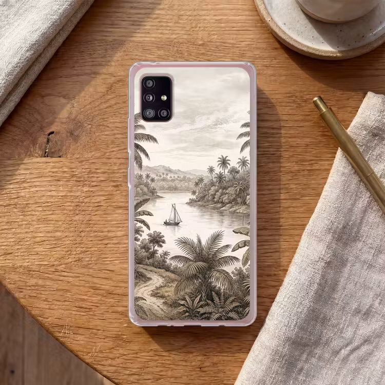 Landschap - Rivier - Boot - Tropisch - Vintage Telefoonhoesje Samsung Galaxy A51 5G klein -sfeer1