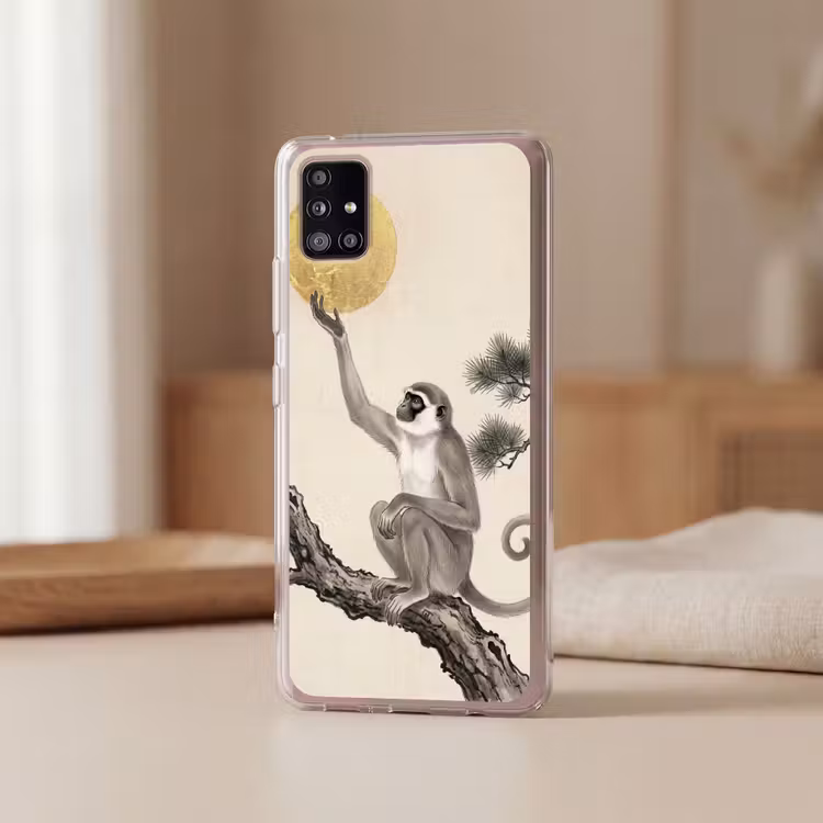 Aap - Maan - Goud Telefoonhoesje Samsung Galaxy A51 5G klein -sfeer2