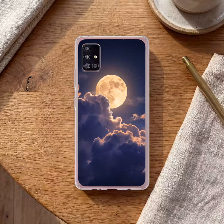 Maan - Wolken - Nacht - Oranje Telefoonhoesje Samsung Galaxy A51 5G klein -sfeer1