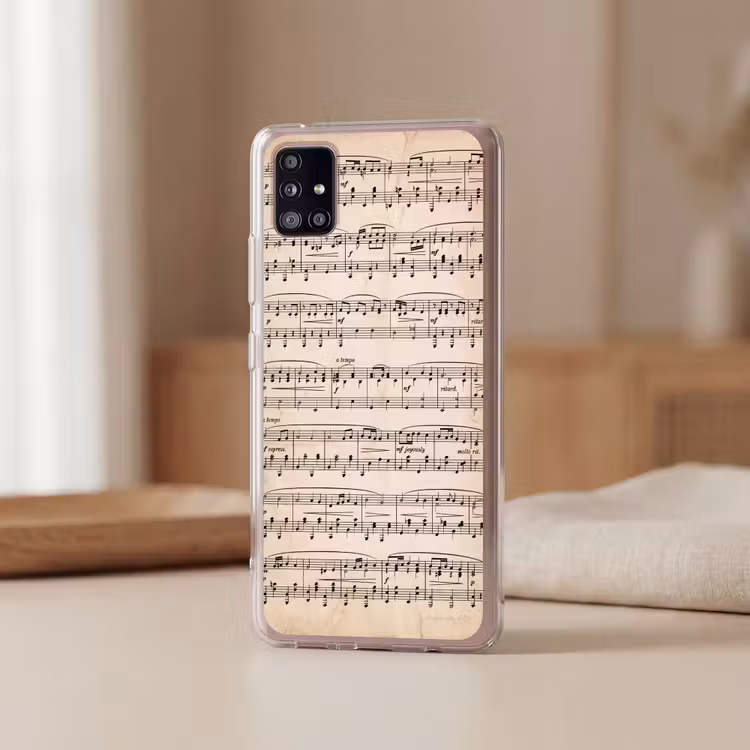 Muzieknotatie - Notenbalken - Kunst - Klassiek - Beige Telefoonhoesje Samsung Galaxy A51 5G klein -sfeer2