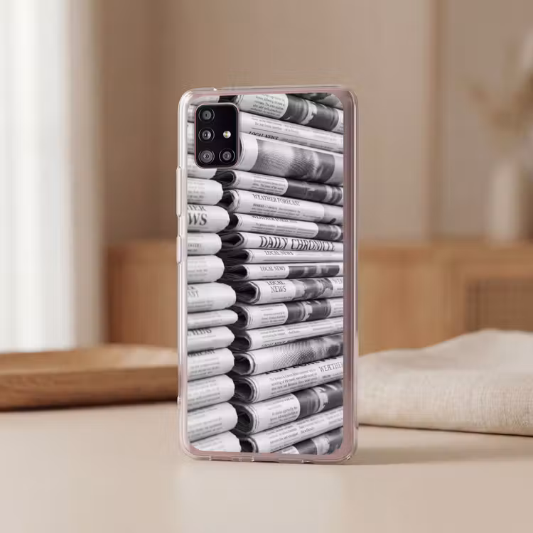 Krant - Stapel - Nieuws - Zwart-wit - Media Telefoonhoesje Samsung Galaxy A51 5G klein -sfeer2