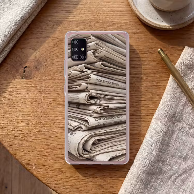 Kranten - Stapel - Nieuws - Vintage - Beige Telefoonhoesje Samsung Galaxy A51 5G klein -sfeer1