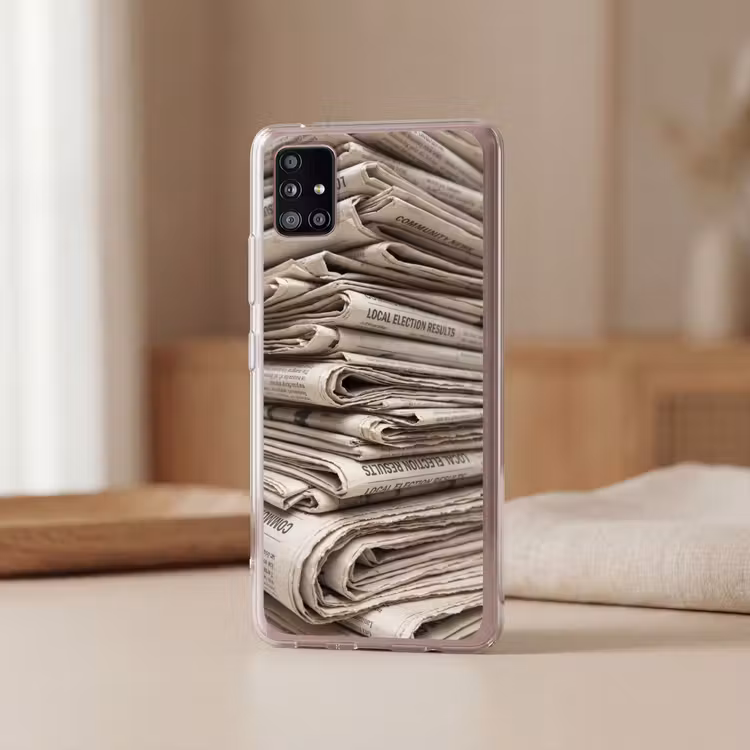 Kranten - Stapel - Nieuws - Vintage - Beige Telefoonhoesje Samsung Galaxy A51 5G klein -sfeer2