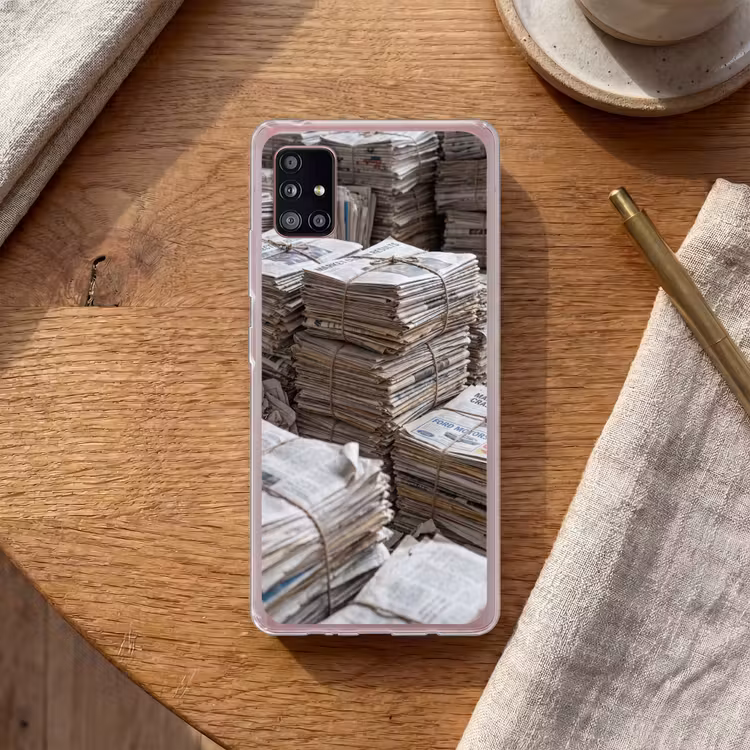 Kranten - Stapels - Touw - Informatie - Vintage Telefoonhoesje Samsung Galaxy A51 5G klein -sfeer1
