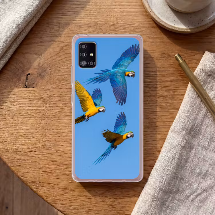 Papagaai - Vliegen - Blauw - Geel Telefoonhoesje Samsung Galaxy A51 5G klein -sfeer1