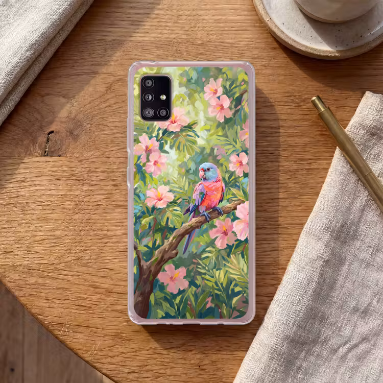 Papagaai - Hibiscusbloemen - Kleurrijk Telefoonhoesje Samsung Galaxy A51 5G klein -sfeer1