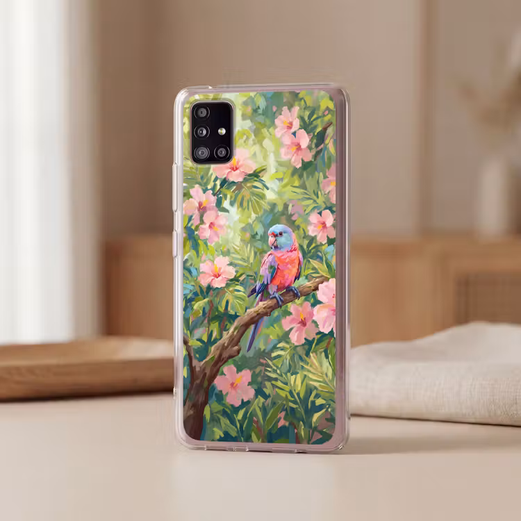 Papagaai - Hibiscusbloemen - Kleurrijk Telefoonhoesje Samsung Galaxy A51 5G klein -sfeer2