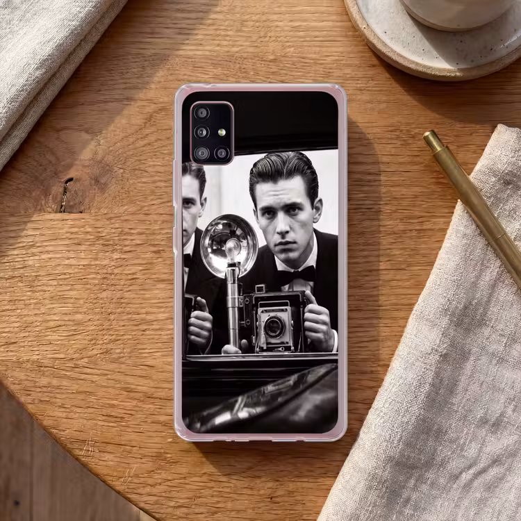 Fotograaf - Camera - Vintage - Journalistiek - Zwart-wit Telefoonhoesje Samsung Galaxy A51 5G klein -sfeer1