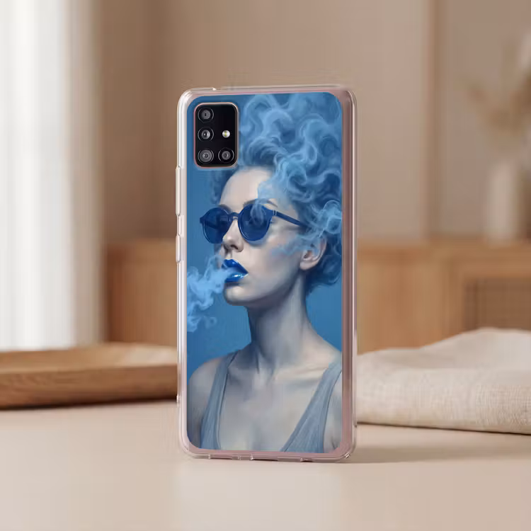Portret - Zonnebril - Rook - Abstract - Blauw Telefoonhoesje Samsung Galaxy A51 5G klein -sfeer2