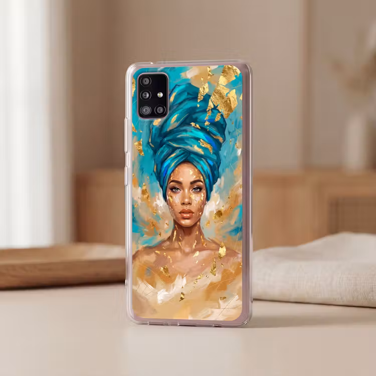 Portret - Vrouw - Schilderij - Blauw - Goud - Expressief Telefoonhoesje Samsung Galaxy A51 5G klein -sfeer2