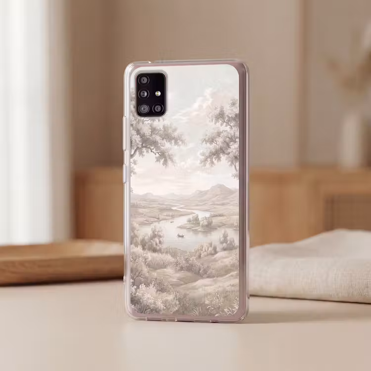 Rivierlandschap - Bergen - Natuur - Vintage - Beige Telefoonhoesje Samsung Galaxy A51 5G klein -sfeer2