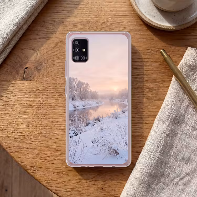 Rivier - Winter - Landschap - Sneeuw - Zonsopgang Telefoonhoesje Samsung Galaxy A51 5G klein -sfeer1