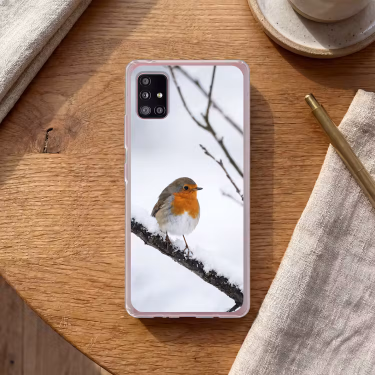 Roodborstje - Tak - Sneeuw - Winter - Levendig Telefoonhoesje Samsung Galaxy A51 5G klein -sfeer1