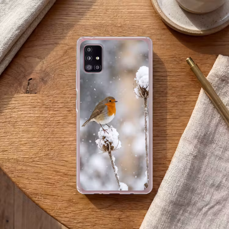Roodborstje - Gedroogde bloem - Sneeuw - Winter - Vertederend Telefoonhoesje Samsung Galaxy A51 5G klein -sfeer1