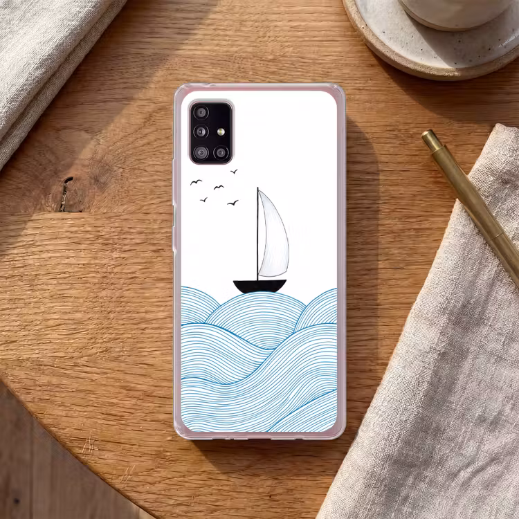 Zeilboot - Golven - Zee - Illustratie - Blauw Telefoonhoesje Samsung Galaxy A51 5G klein -sfeer1