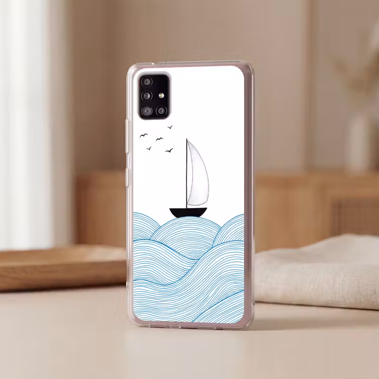 Zeilboot - Golven - Zee - Illustratie - Blauw Telefoonhoesje Samsung Galaxy A51 5G klein -sfeer2