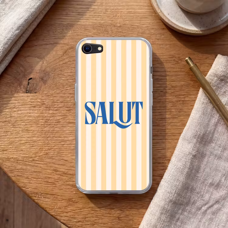 Salut - Quote - Strepen - Geel - Blauw - Wit Telefoonhoesje iPhone 7 klein -sfeer1