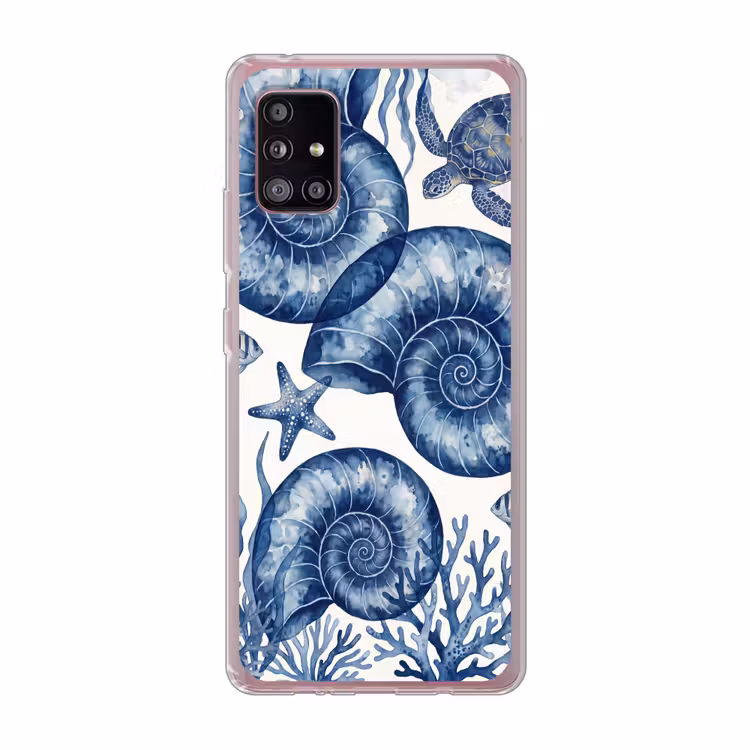 Schelp - Spiraal - Zeeleven - Aquarel - Blauw Telefoonhoesje Samsung Galaxy A51 5G klein -3d
