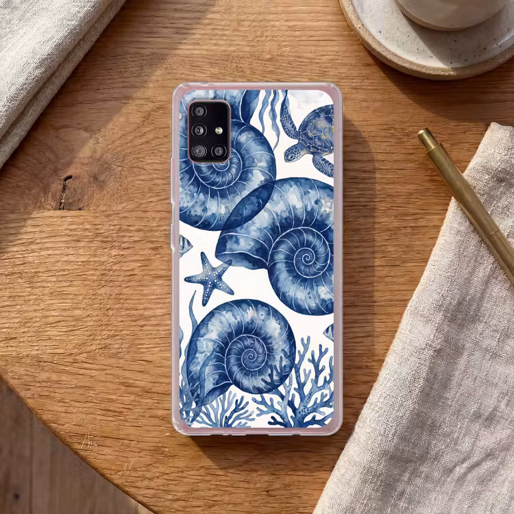 Schelp - Spiraal - Zeeleven - Aquarel - Blauw Telefoonhoesje Samsung Galaxy A51 5G klein -sfeer1