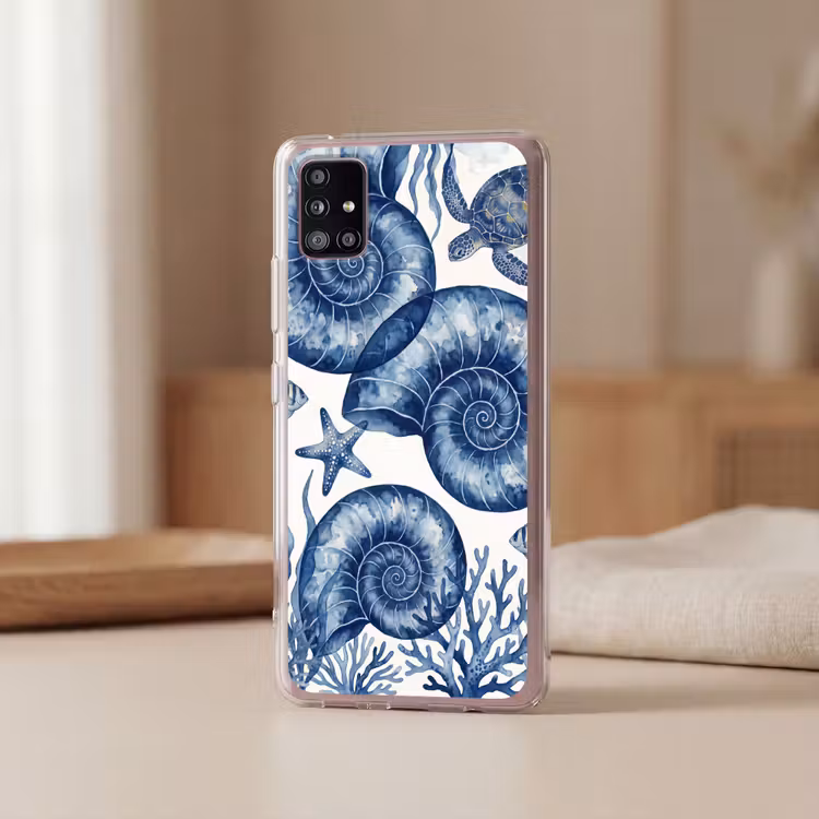 Schelp - Spiraal - Zeeleven - Aquarel - Blauw Telefoonhoesje Samsung Galaxy A51 5G klein -sfeer2
