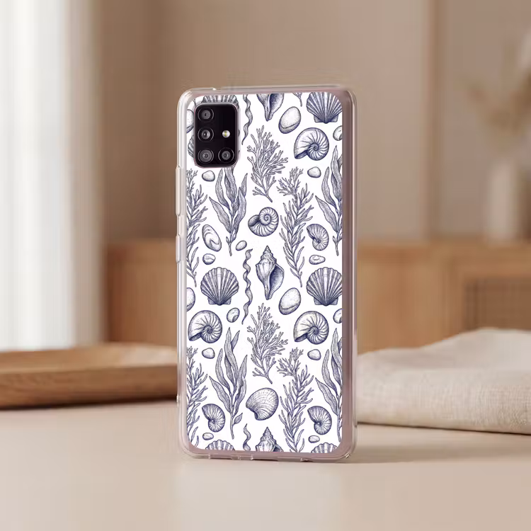 Schelpen - Zeewier - Oceaan - Illustratie - Blauw Telefoonhoesje Samsung Galaxy A51 5G klein -sfeer2