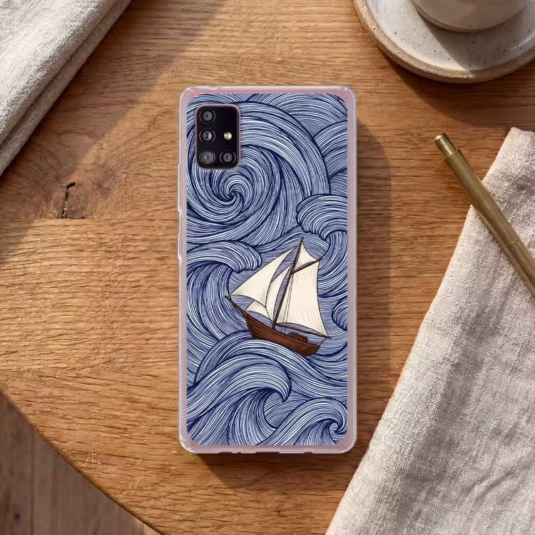 Schip - Golven - Zee - Illustratie - Blauw Telefoonhoesje Samsung Galaxy A51 5G klein -sfeer1