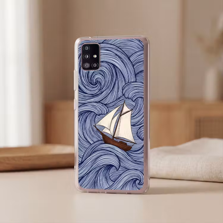 Schip - Golven - Zee - Illustratie - Blauw Telefoonhoesje Samsung Galaxy A51 5G klein -sfeer2