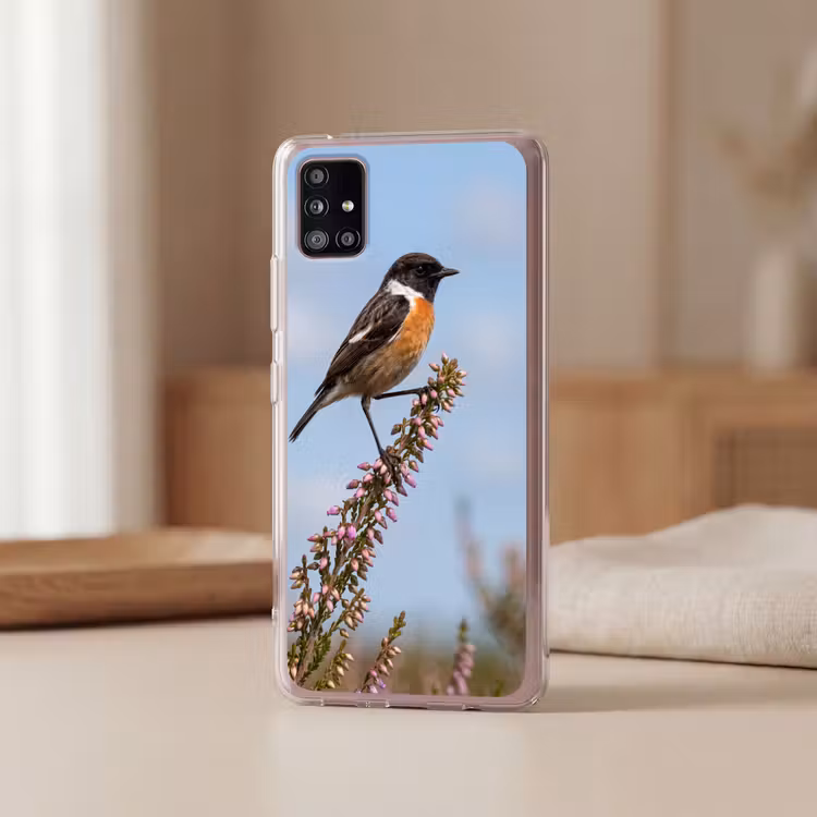 Roodborsttapuit - Heide - Paars - Natuur - Sfeervol Telefoonhoesje Samsung Galaxy A51 5G klein -sfeer2