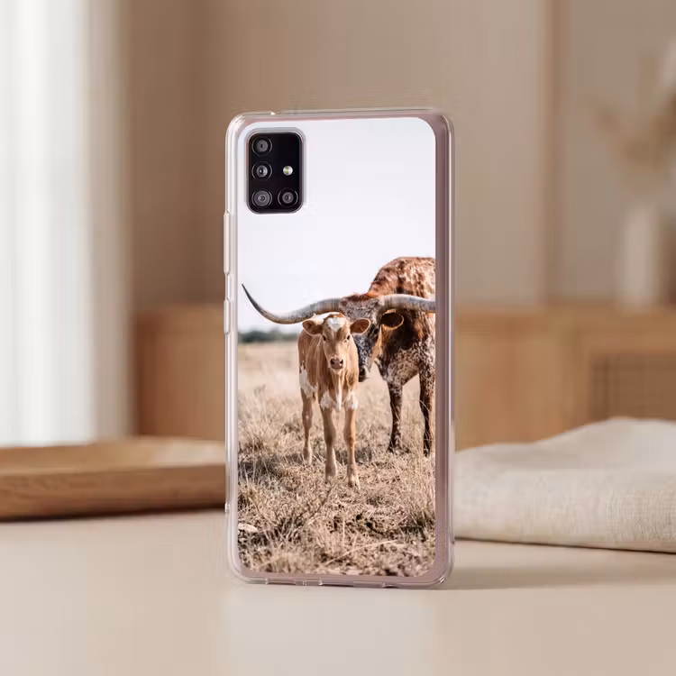 Texas Longhorn - Kalf - Weide - Dieren Telefoonhoesje Samsung Galaxy A51 5G klein -sfeer2