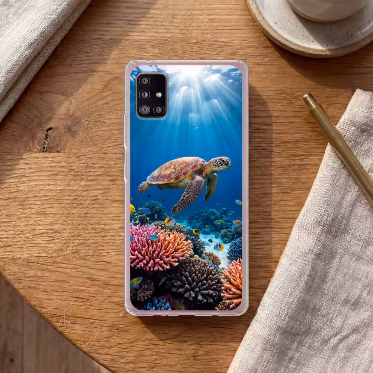 Schildpad - Koraalrif - Oceaan - Dieren - Blauw Telefoonhoesje Samsung Galaxy A51 5G klein -sfeer1