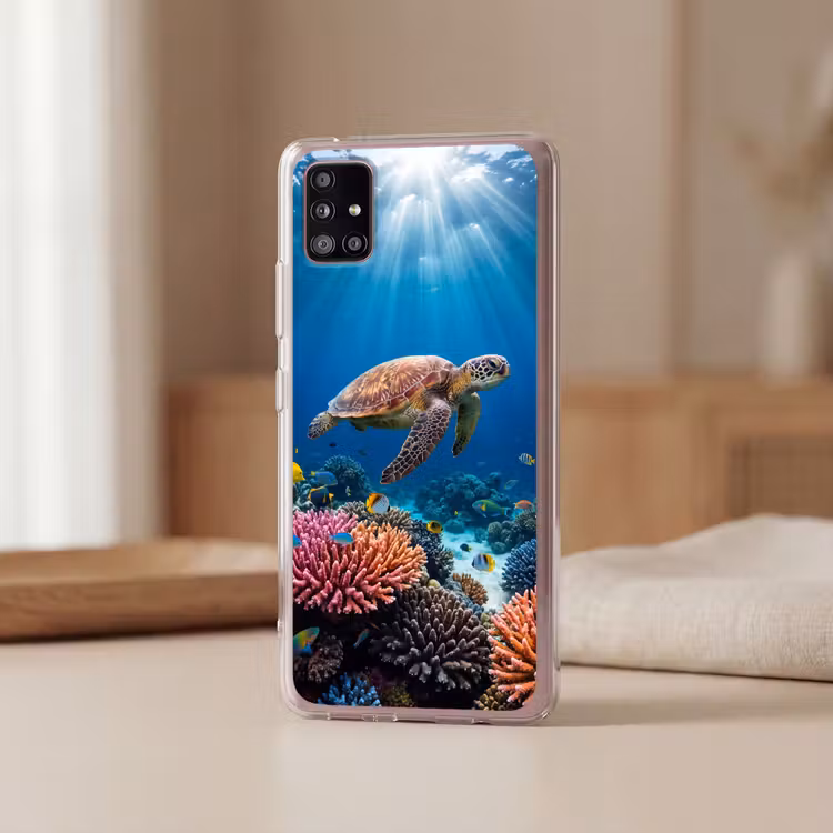 Schildpad - Koraalrif - Oceaan - Dieren - Blauw Telefoonhoesje Samsung Galaxy A51 5G klein -sfeer2